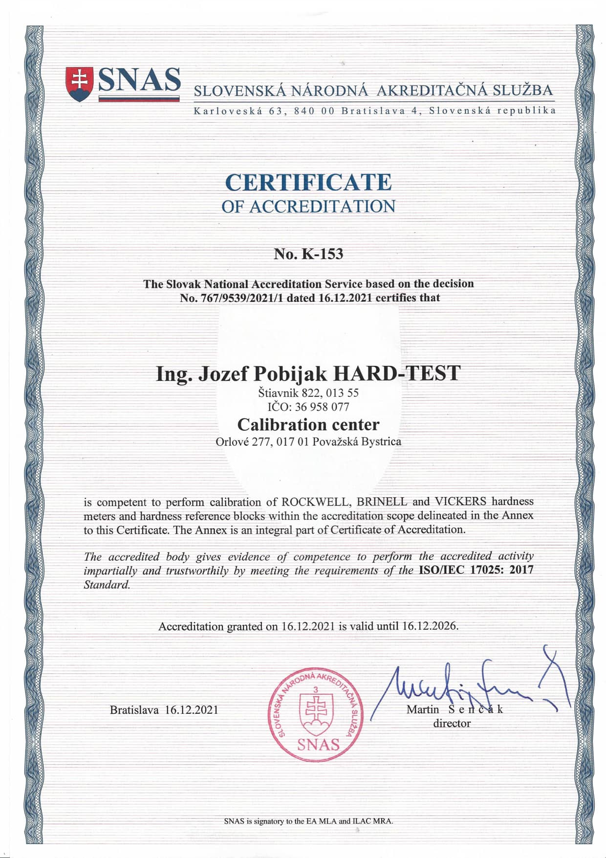 Certificate of accreditation Hardtest